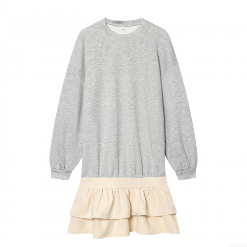 Women's Long Sleeve Patchwork Mini Dress Cotton Blend Sweatshirt Ruffle Hem Casual Loose Fit Round Neck Dress For Spring Autumn Daily