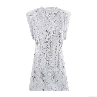 Women's Sexy Sequin Mini Dress With Shoulder Pads Sleeveless Round Neck Bodycon Slim Fit Short Dress For Party Club Night Evening Elegant Ladies Vestidos