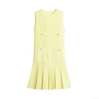 Women's Elegant Knitted Sleeveless Mini Dress Mercerized Cotton Blend Pleated Hem Sweet Style Celebrity Dress With Gold Buttons And Decorative Pockets