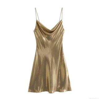 Women Sexy Cowl Neck Metallic Backless Mini Dress Glitter Spaghetti Straps Party Club Night Out Slim Fit Cocktail Short Dresses