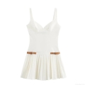 Elegant White V-Neck Pleated Camisole Dress Women Summer High Waist Mini Dress With Brown Buckle Detail Chic Polyester Spandex Sleeveless Party Clubwear