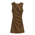 Women Elegant Ruched Sleeveless Mini Dress Solid Color Round Neck High Waist A-Line Polyester Spandex Dress For Party Dating Casual Wear Summer Autumn
