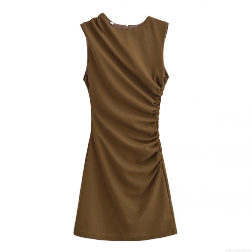 Women Elegant Ruched Sleeveless Mini Dress Solid Color Round Neck High Waist A-Line Polyester Spandex Dress For Party Dating Casual Wear Summer Autumn