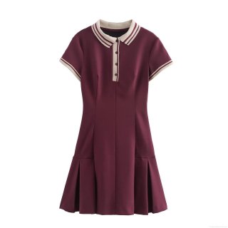 Women's Preppy Style Pleated Mini Dress Contrast Tipping Polo Neck Short Sleeve Polyester Spandex Casual Tennis Dress For Ladies