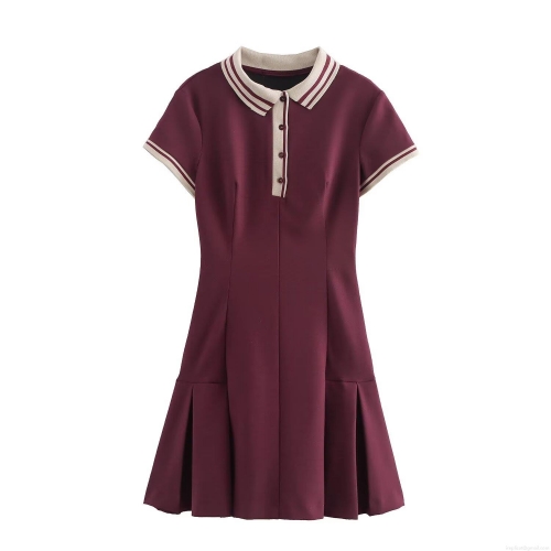 Women's Preppy Style Pleated Mini Dress Contrast Tipping Polo Neck Short Sleeve Polyester Spandex Casual Tennis Dress For Ladies