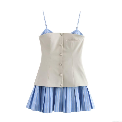 Women Patchwork Poplin Striped Mini Dress Sleeveless Cami Button Pleated Casual Vacation Style Summer Short Dresses For Women