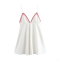 Sexy V-Neck Mini Cami Dress White Polyester Spandex Blend Contrast Stripe Trim A-Line Sleeveless Short Summer Dress Casual Slim Fit Party Dress for Women