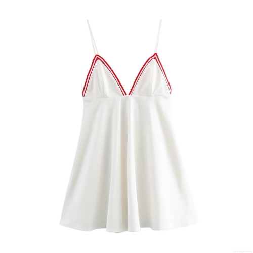 Sexy V-Neck Mini Cami Dress White Polyester Spandex Blend Contrast Stripe Trim A-Line Sleeveless Short Summer Dress Casual Slim Fit Party Dress for Women