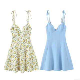 Women Sexy Spaghetti Strap Floral Print Poplin Mini Dress Elegant Backless Tie Shoulder A-Line Sleeveless Sundress for Summer Vacation Party