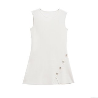 Women's Sleeveless Mercerized Cotton Knitted Mini Dress With Decorative Buttons And Side Slit Casual Summer Round Neck Bodycon Dress