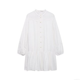Elegant White Long Sleeve Mini Dress For Women Featuring Lace Embroidery And Ruffle Hem Chic A-Line Button Down Party Commute Dress