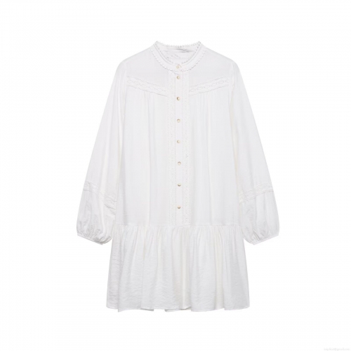 Elegant White Long Sleeve Mini Dress For Women Featuring Lace Embroidery And Ruffle Hem Chic A-Line Button Down Party Commute Dress