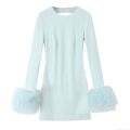 Women's Sexy Backless Light Blue Mini Dress With Puffy Mesh Cuffs Elegant Solid Color Long Sleeve A-Line Short Dress For Party Dating