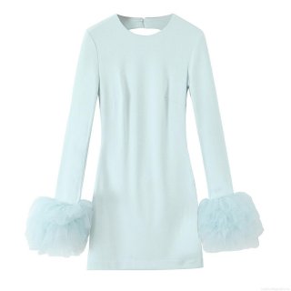Women's Sexy Backless Light Blue Mini Dress With Puffy Mesh Cuffs Elegant Solid Color Long Sleeve A-Line Short Dress For Party Dating