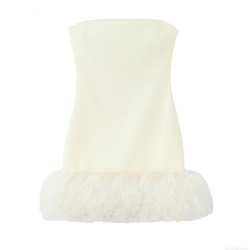 Women's Sexy Strapless Mesh Tulle Mini Dress Elegant Solid Color Puff Hem Party Evening Dresses Slim Fit Outfits