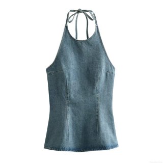 Women's Sexy Denim Halter Mini Dress Backless Sleeveless Bodycon Jean Dress With Zipper Summer Party Vacation Clubwear Solid Color Blue
