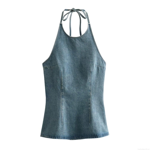 Women's Sexy Denim Halter Mini Dress Backless Sleeveless Bodycon Jean Dress With Zipper Summer Party Vacation Clubwear Solid Color Blue