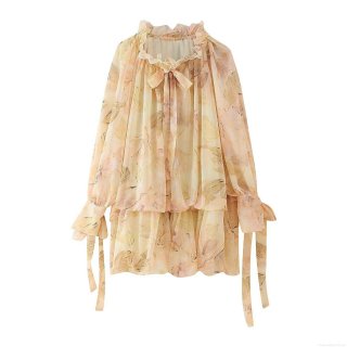 Women's Floral Chiffon Mini Dress Elegant Lotus Leaf Collar Long Sleeve A-Line Short Dress With Tie Cuffs For Summer Spring