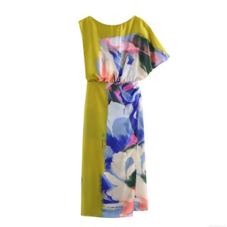 Women Asymmetric Satin Print Midi Dress Elegant Summer Sleeveless Round Neck High Waist A-line Floral Patchwork Dress For Party Commute