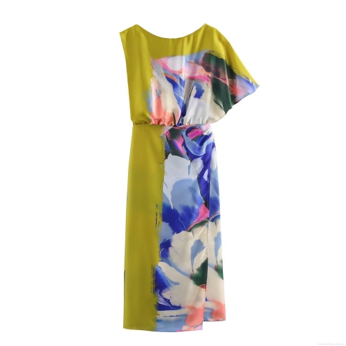 Women Asymmetric Satin Print Midi Dress Elegant Summer Sleeveless Round Neck High Waist A-line Floral Patchwork Dress For Party Commute
