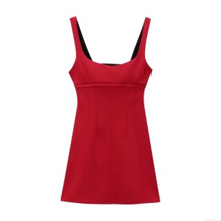 Women Sexy Red Mini Dress Satin Texture Sleeveless Square Neck Backless Hollow Out Slim Fit A-Line Party Night Club Summer Short Dress