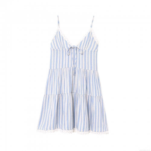 Women's Striped Lace Camisole Dress Light Blue White Tiered Mini Dress With Bow Sexy V Neck Sleeveless Summer Sundress For Dating Vacation