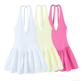 Women's Summer Halter Dress Sexy Deep V-Neck Backless High Waist Pleated A-Line Mini Dress Polyester Spandex Jersey Solid Color Sweet Spicy Style Sundress for Vacation Party Girls