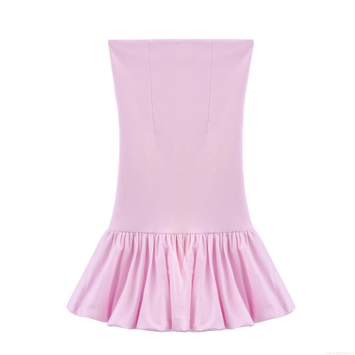 Women's Sexy Pink Tube Top Mini Dress Polyester Spandex Ruffle Hem Bubble Style Sleeveless Dress For Party Dating Fashion Sexy Outfits