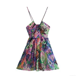 Sexy V-Neck Backless Floral Print Cami Dress For Women Summer Bohemian Style Smocked Waist Polyester Spandex A-Line Mini Vacation Beach Dress