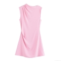 Women's Elegant Pink Pleated Mini Dress Sleeveless Round Neck Polyester Spandex Bodycon Short Dress For Party Commuting Summer