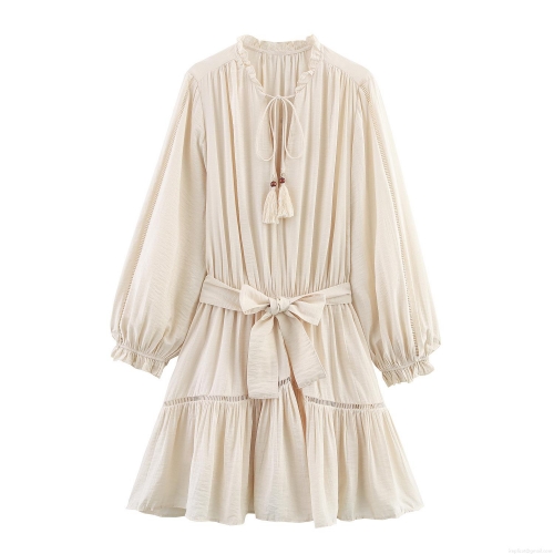 Women's Long Sleeve Mini Dress Boho Tassel Wood Beads V Neck Textured A-Line Vacation Beach Dress Solid Color Elegant Summer Outfit