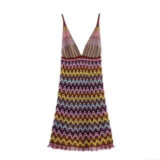 Sexy Bohemian Crochet Knitted Mini Dress With Tassels Colorful Striped V Neck Backless Sleeveless Cami Dress For Vacation Beach Women Summer Party