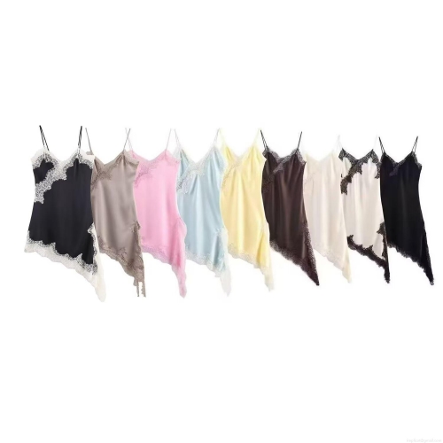 Women Sexy Lace Patchwork Asymmetric Satin Cami Dress Summer Spaghetti Strap Sleeveless V Neck Elegant Mini Party Club Outfits