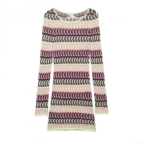 Women's Summer Round Neck Long Sleeve Wave Striped Knitted Bodycon Mini Dress Multi-color Contrast Vacation Slim Fit Elegant Knit Dress