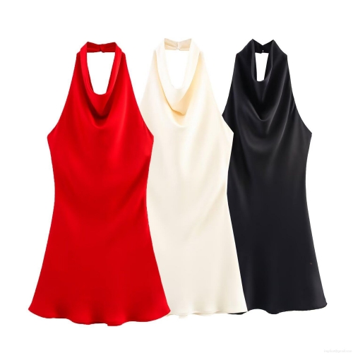 Women's Sexy Satin Halter Neck Dress Backless Cowl Neck Mini Party Dress Sleeveless Solid Color Elegant Polyester Spandex Blend Clubwear Evening Dress