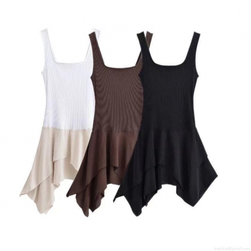 Women's Summer Elegant Ribbed Knit Chiffon Patchwork Mini Dress Square Neck Broad Strap Asymmetrical Layered Ruffle Sleeveless Party Dress