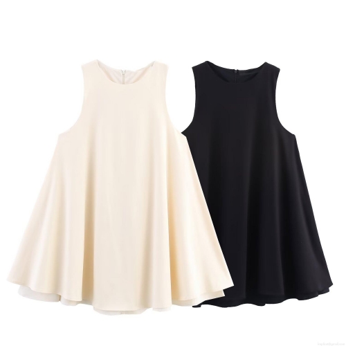 Women's Sleeveless A-Line Mini Dress Sweet Cotton Blend Round Neck Solid Color Back Zipper Short Summer Dress For Casual Vacation Beach