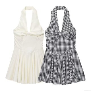 Sexy Halter Neck Backless Mini Dress For Women Summer Sleeveless Gingham White Knot Front A-Line Party Dress
