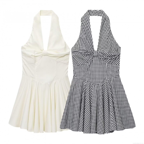 Sexy Halter Neck Backless Mini Dress For Women Summer Sleeveless Gingham White Knot Front A-Line Party Dress