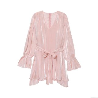 Women Elegant V-Neck Long Sleeve Mini Dress Polyester Spandex Metallic Pleated Lace-up Waist Flare Sleeve Pullover Short Dress For Party Dating