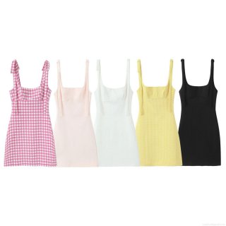 Women's Sweet Bow Tie Plaid Cami Dress Summer Sleeveless A-Line Mini Dress Square Neck Polyester Gingham Sundress For Party Vacation