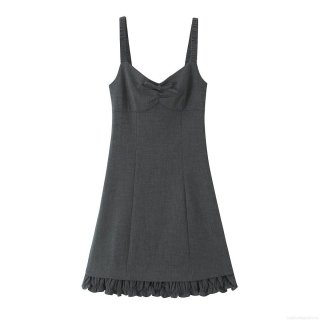 Women Sexy Dark Grey Mini Dress Polyester Spandex Blend Ruffle Hem Spaghetti Strap Bow Decor Party Clubwear Bodycon Dress For Ladies Fashion Summer New