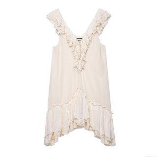 Women's Summer Sleeveless Lace Ruffle Mini Dress Sweet Tiered Off-White V-Neck Sexy A-Line Dress For Party Dating