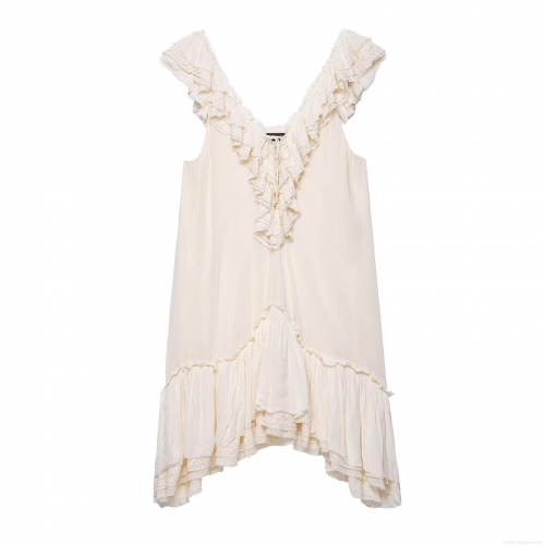 Women's Summer Sleeveless Lace Ruffle Mini Dress Sweet Tiered Off-White V-Neck Sexy A-Line Dress For Party Dating
