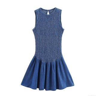 Women's Sleeveless Smocked Mini Dress Round Neck A-Line Imitation Denim Sundress Summer Casual Party Sweet Style Solid Blue Dress