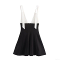 Women Sexy Deep V Neck Sleeveless Mini Dress Fashion Black And White Contrast Color Bow-knot Patchwork A-Line Short Dress For Summer Party Daily Wear