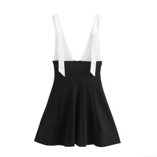 Women Sexy Deep V Neck Sleeveless Mini Dress Fashion Black And White Contrast Color Bow-knot Patchwork A-Line Short Dress For Summer Party Daily Wear