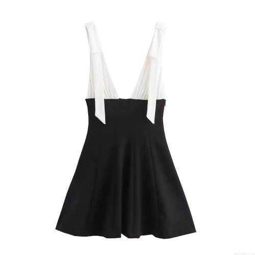 Women Sexy Deep V Neck Sleeveless Mini Dress Fashion Black And White Contrast Color Bow-knot Patchwork A-Line Short Dress For Summer Party Daily Wear