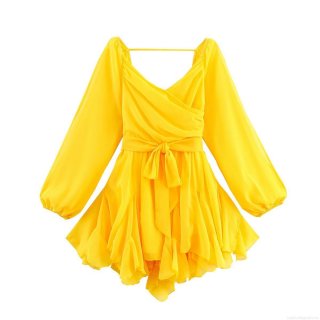 Women Sexy Yellow V Neck Long Sleeve Mini Dress 100% Polyester Backless Tie Waist Ruffle Hem Irregular Chiffon Style Party Vacation Dresses For Female