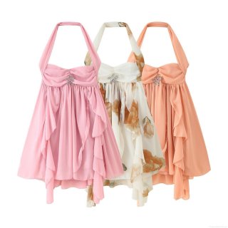 Women Halter Chiffon Mini Dress With Star Rhinestone Patchwork Ruffle Tiered Skirt Summer Sexy Pure Desire Style Party Vacation Dress